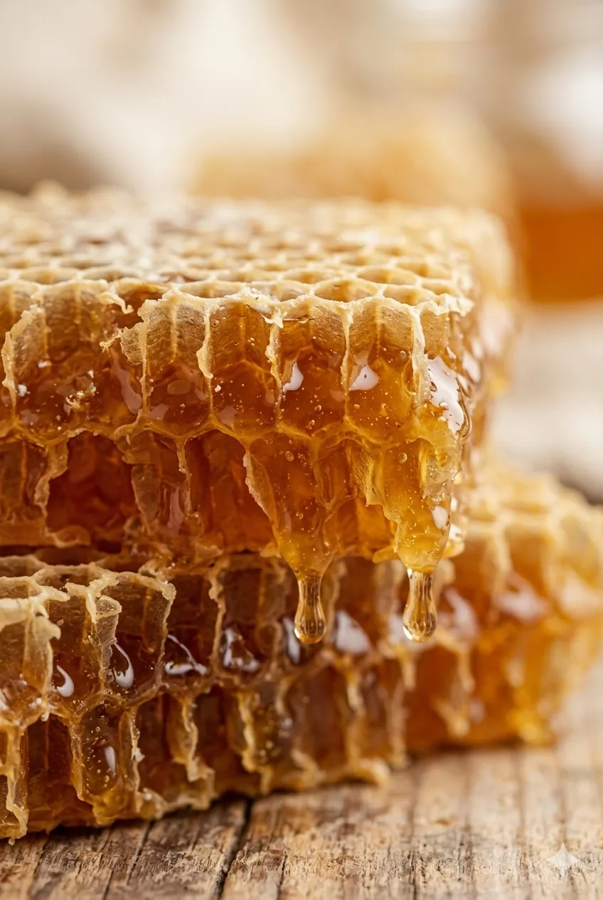 Närbild på rå honung med naturlig textur som rinner över vaxkaka
